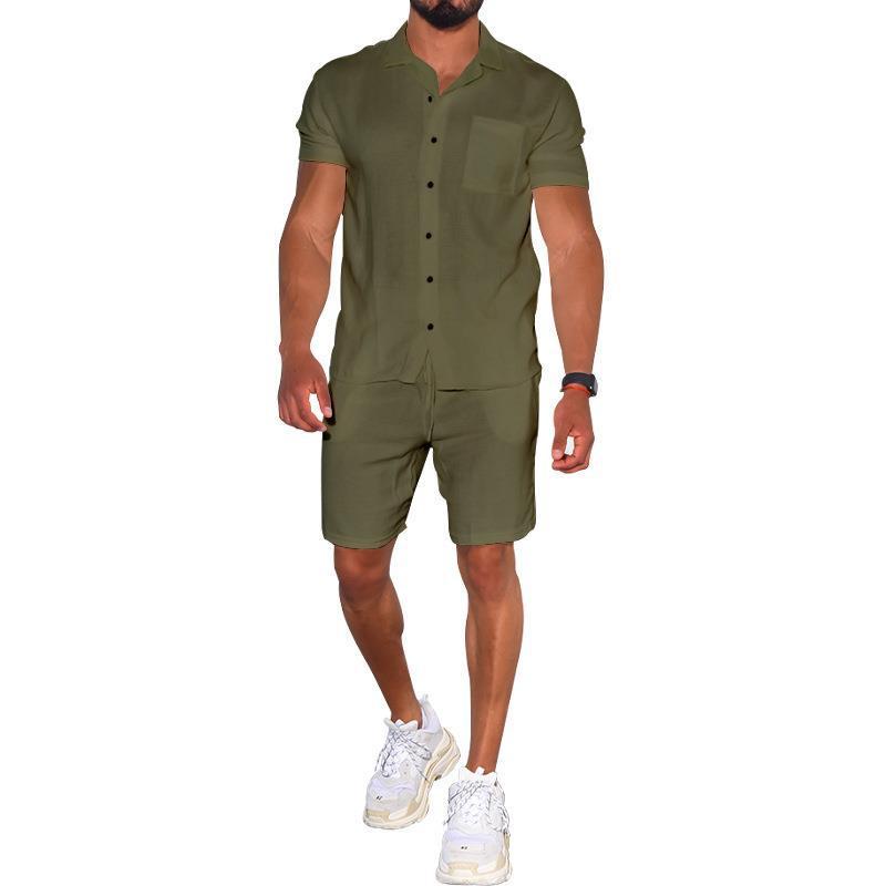 Cross-border Summer Menswear Suit Polo Collar Solid Color Short-sleeved Shorts Suit Button Four-sided Stretch Shirt