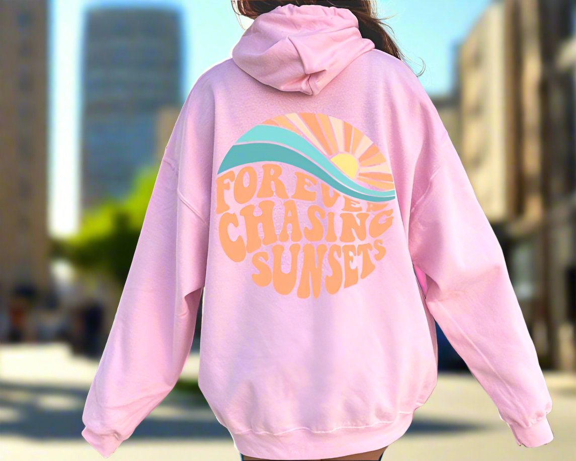 Fleece-lined Sunset Print Kangaroo Pocket Drawstring Hoodie