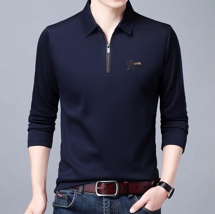 Spring And Autumn Men Long Sleeve Lapel Half Zip T Shirt