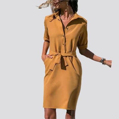 Lapel Collar Solid Color Three-Quarter Sleeve Dress