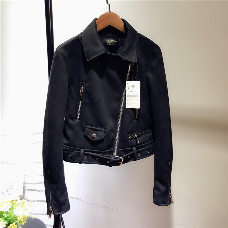 Suede leather women motorcycle leather plush fleece jacket