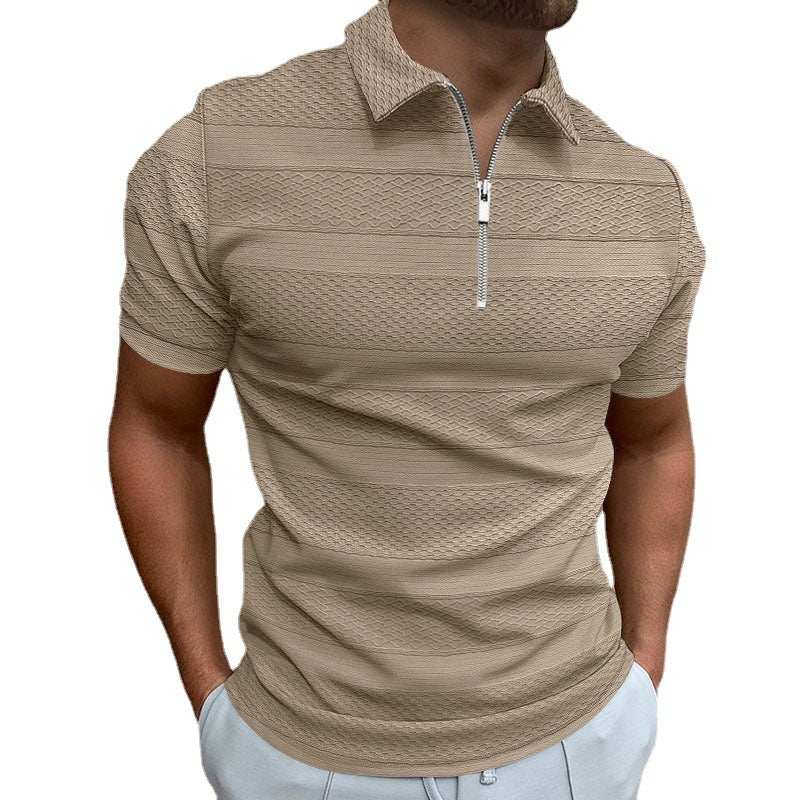 Summer Men's Shirt Solid Color Short-sleeved Lapel Casual Jacquard Top