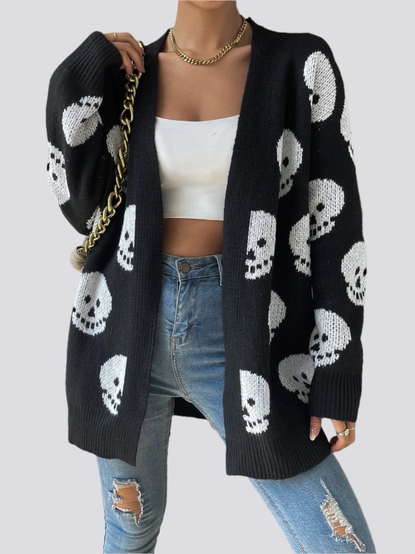 Women's Fashion Casual Halloween Skull Jacquard Knitted Long Sleeve Cardigan