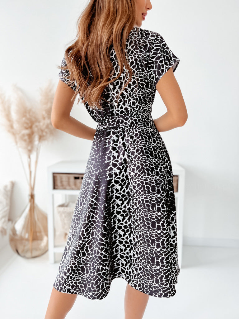 Printed V-Neck Short Sleeve Midi Dress