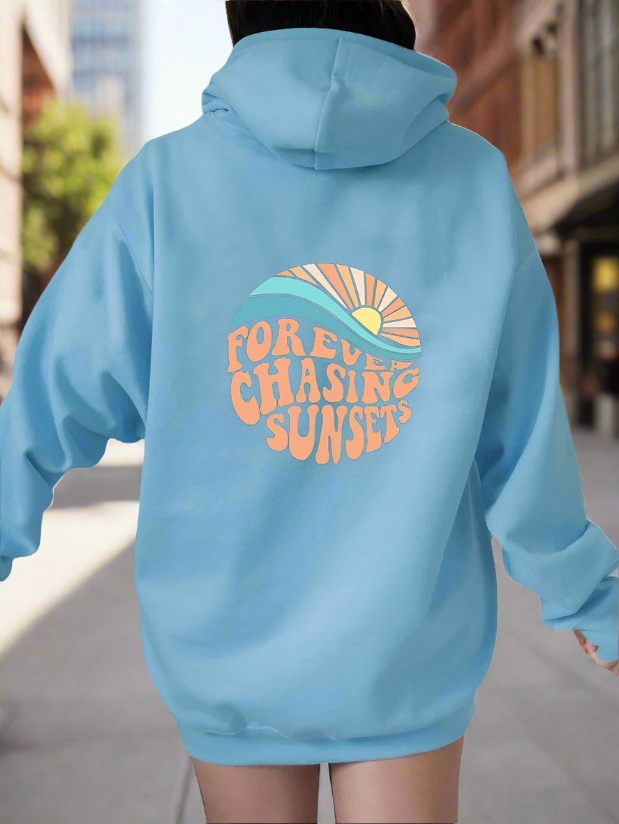 Fleece-lined Sunset Print Kangaroo Pocket Drawstring Hoodie