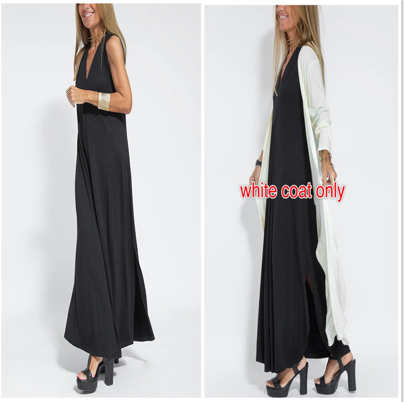 New Solid Color V-neck Sleeveless Dress Long Cardigan Jacket Suit For Women