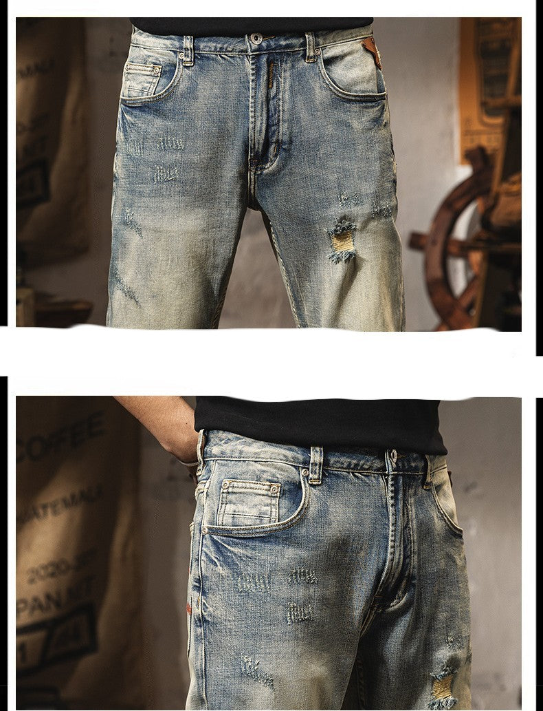 Vintage Distressed Jeans For Men's Slim Fit