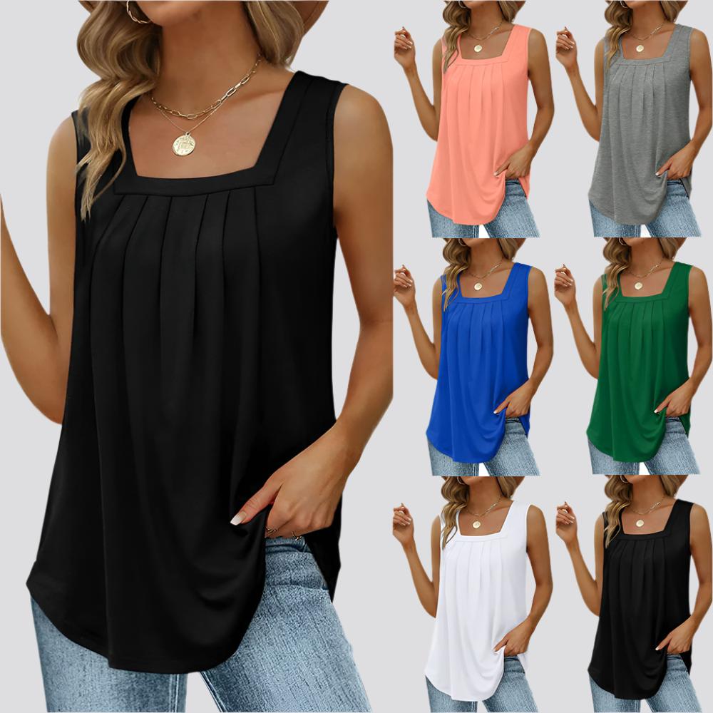 Summer Tank Tops For Women Loose Fit Pleated Square Neck Sleeveless Tops Vest T-shirt