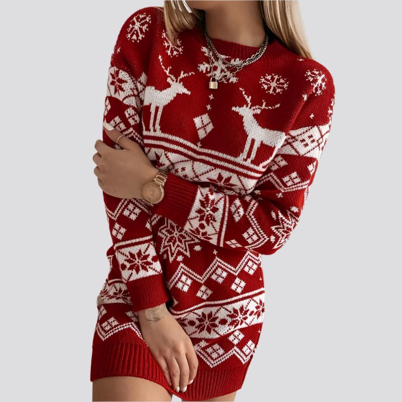 Elk Snowflake Christmas Jacquard Knitted Dress Long Knitted Sweaters