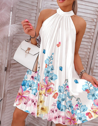 Fashion Printed Neck Sleeveless Backless Short Mini Dress