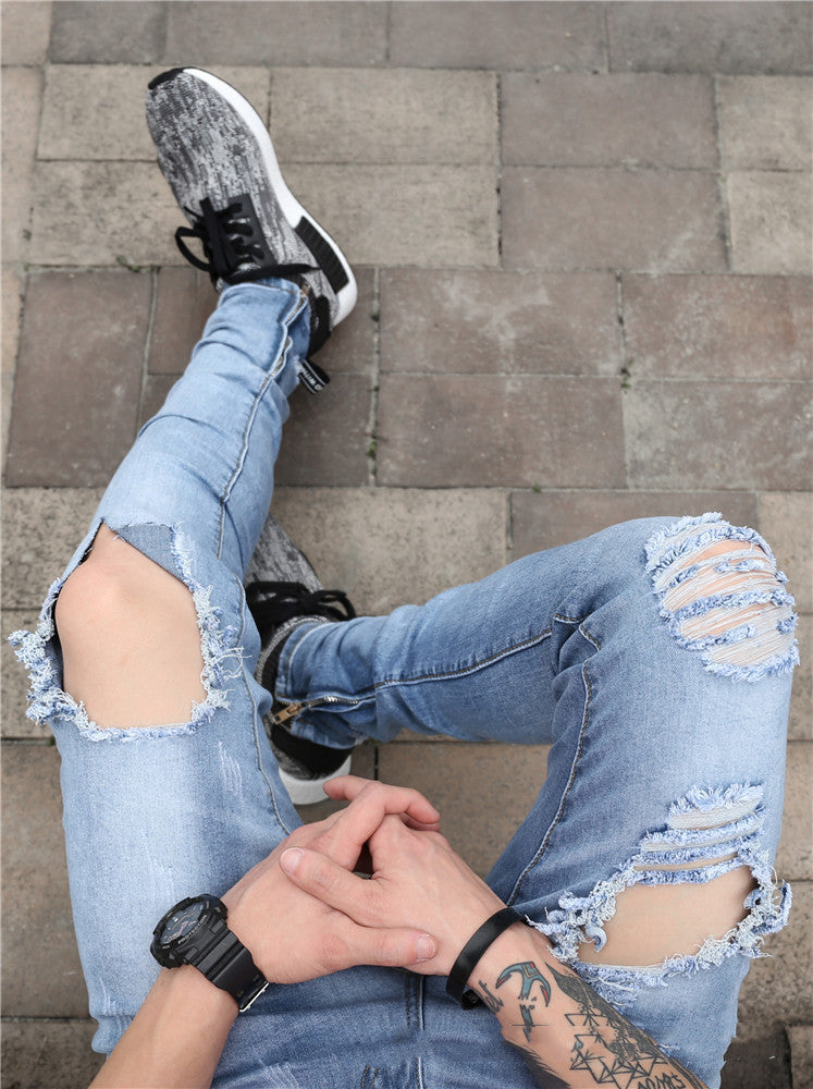 Men's Stretch Slim-fit Slit Chain Ripped Jeans