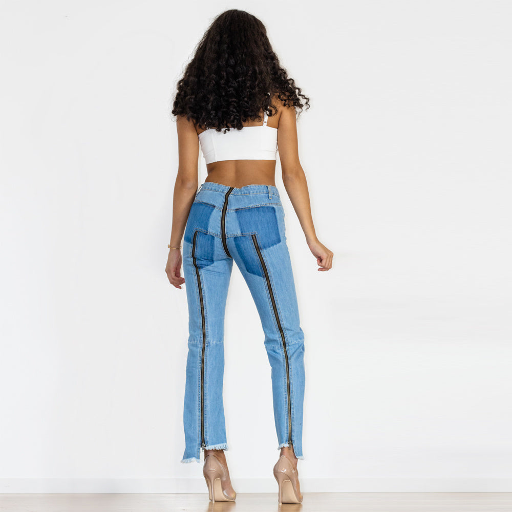 Shascullfites Women Split Straight Jeans Women Club Dancing Pants Light Blue Denim Pants Slim Fit Zipper Jeans