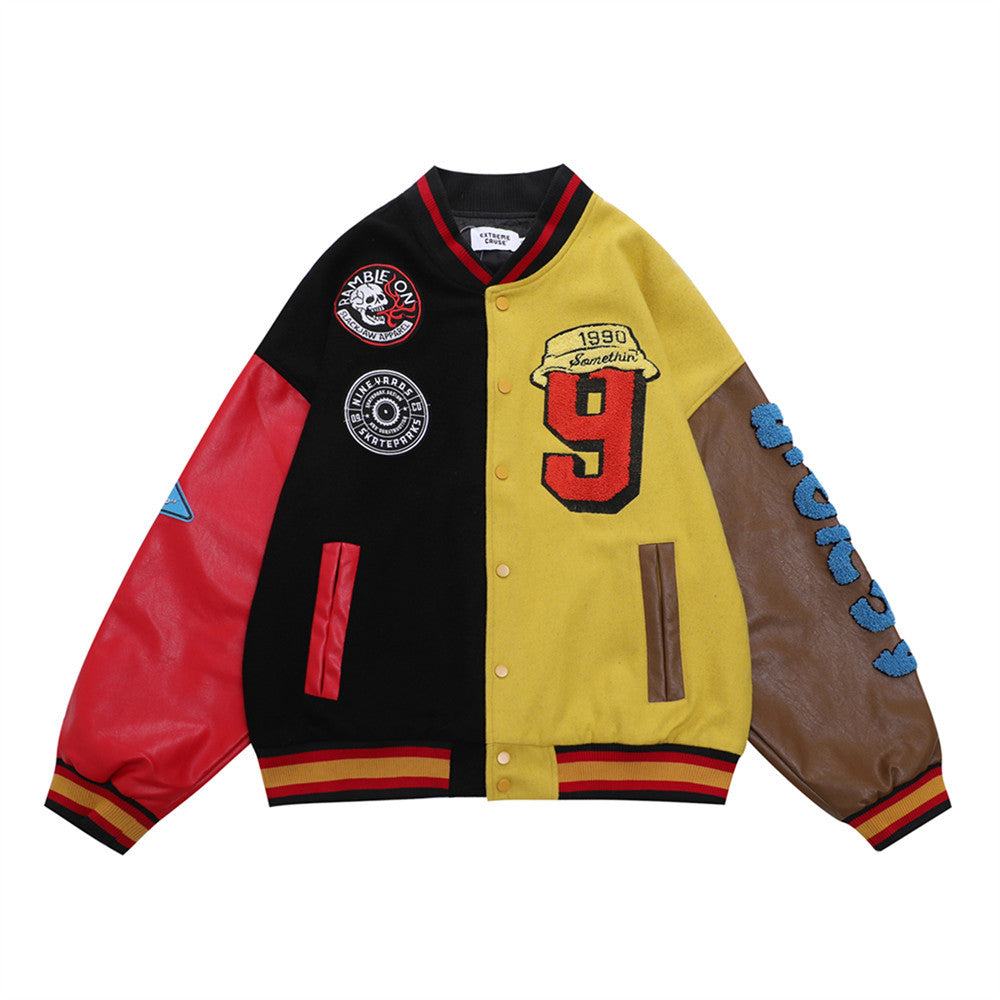 Men's Loose Color Contrast Patchwork Bomber Jacket