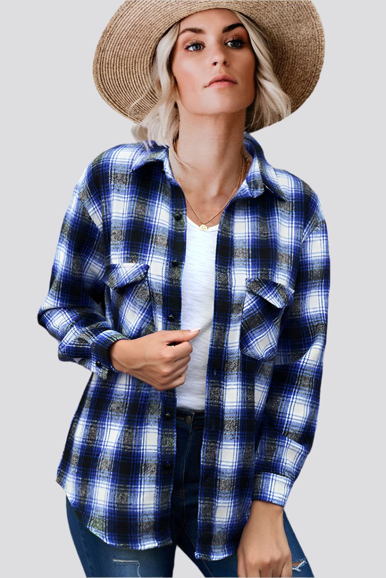 Plaid Shirt Women Spring Mid-length Loose Blouse Turndown Collar Shirt Clothing