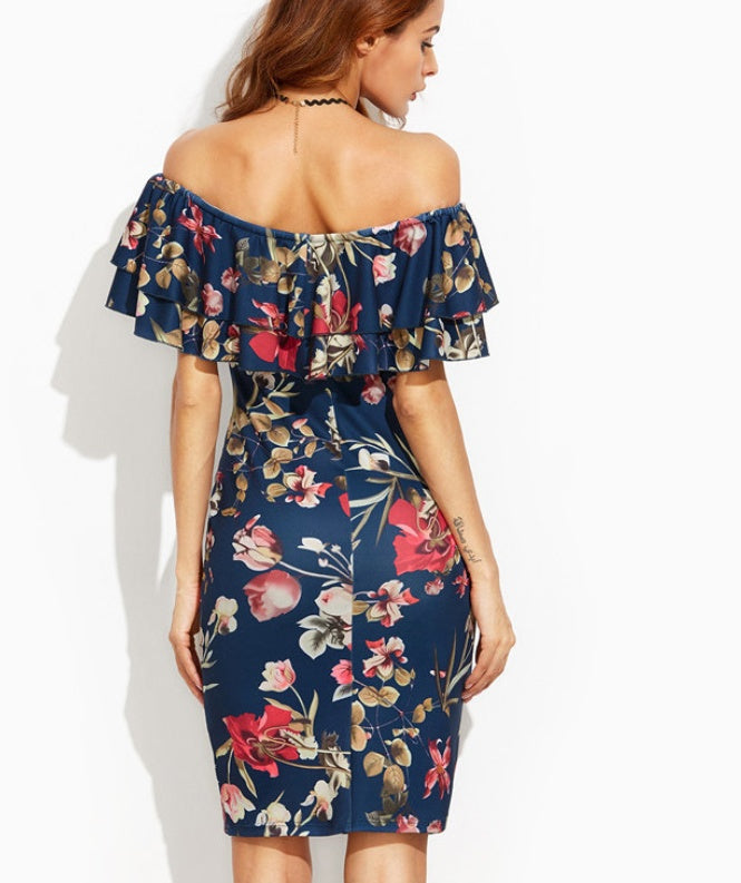 Navy Blue Off the Shoulder Summer Midi Dress