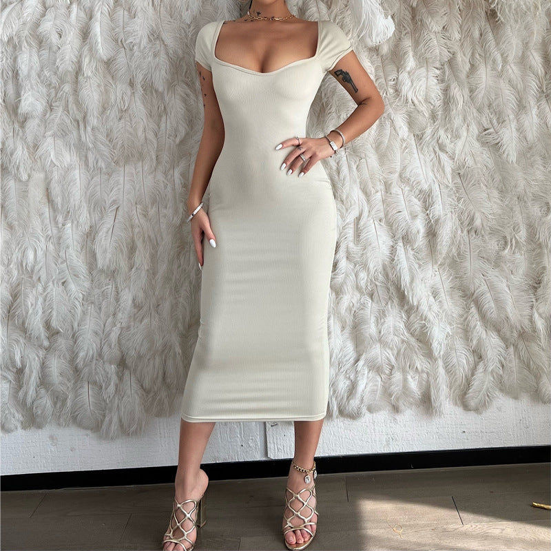 One Line Neck Ribbed Long Dress Short Sleeve Maxi