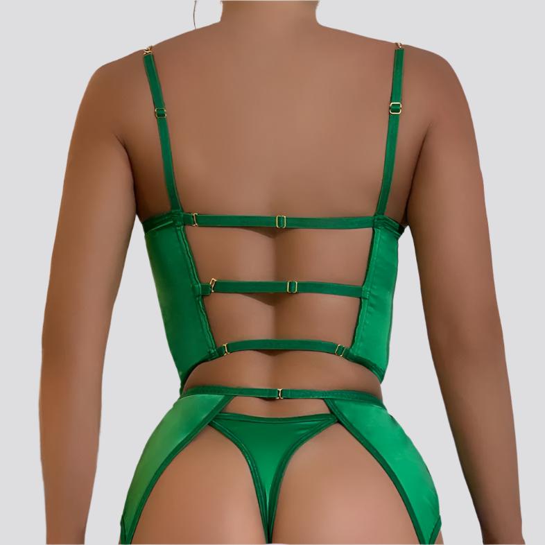 Green Satin High-end Lingerie Three-piece Set Women's Chain