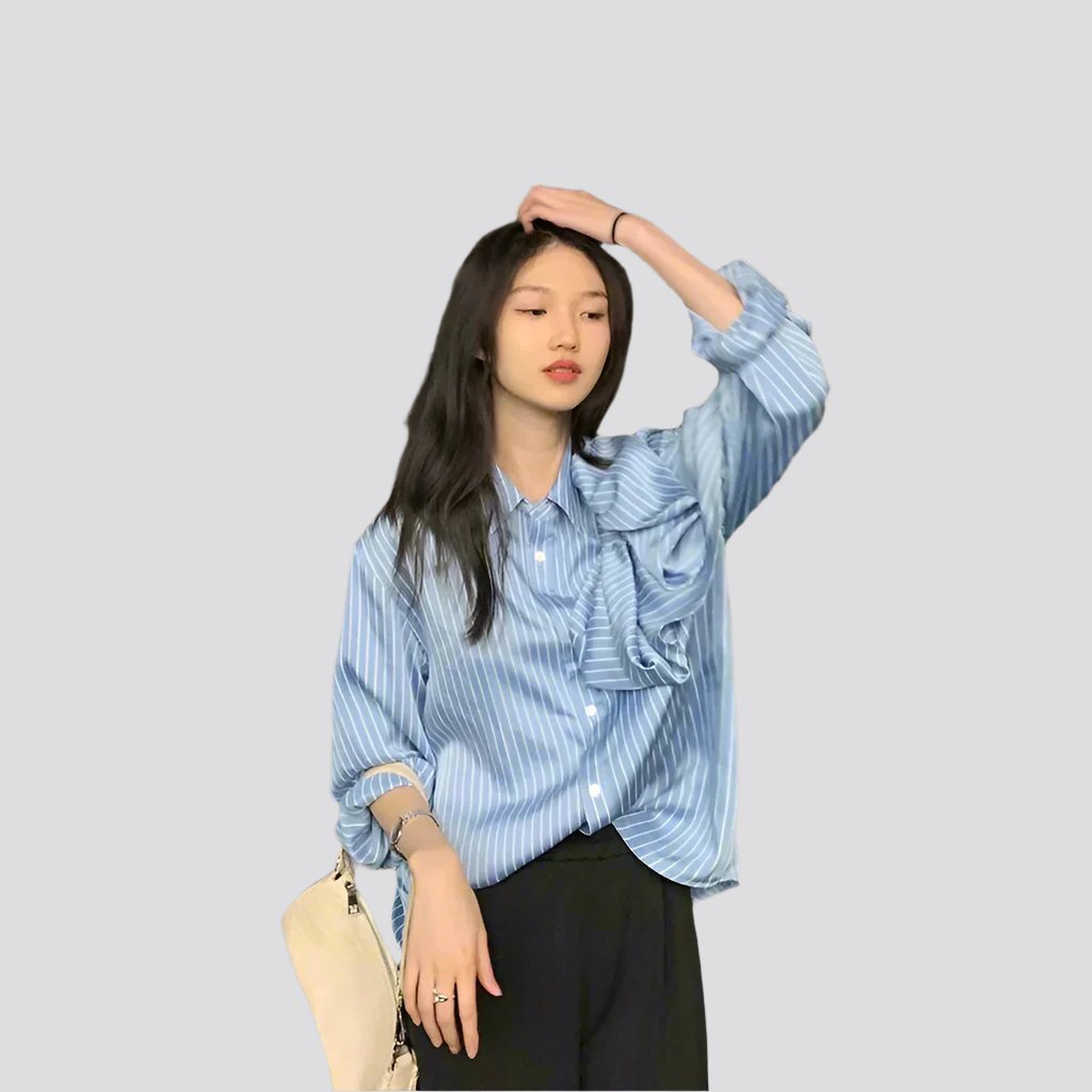 Casual Blue Striped Shirts For Women Lapel Long Sleeve Korean Bowknot Patchwork Blouses