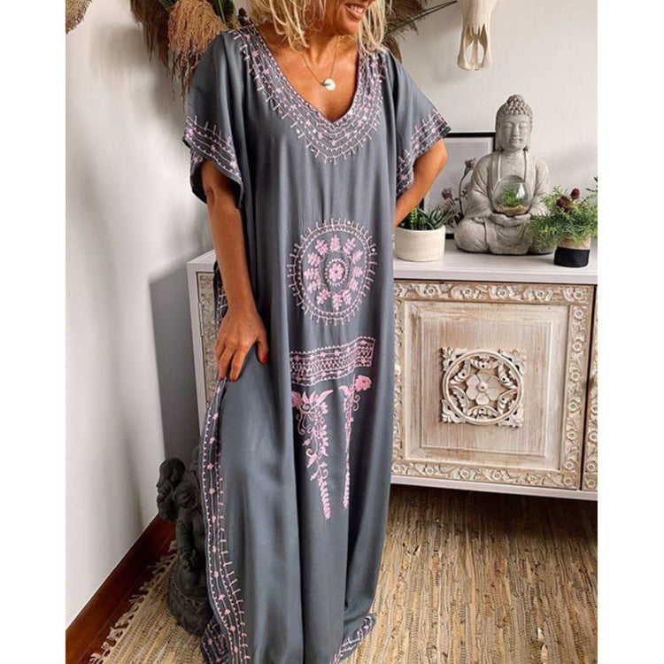 Loose V Neck Boho Print Dress Maxi Dress