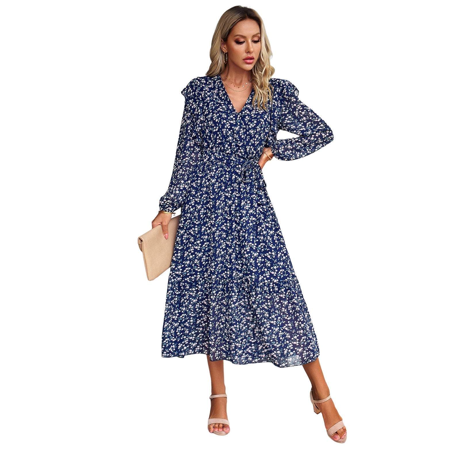 Fashion Casual Floral V-neck Long-sleeve Dress Women