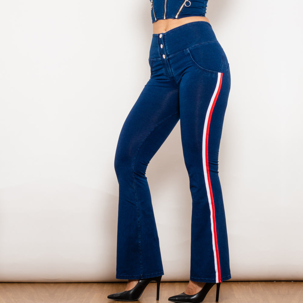 Shascullfites Melody Dark Blue Striped Flared Lift Jeggings Button Up Jeans Bum Lift Jeans High Waist Flare Jeans Women