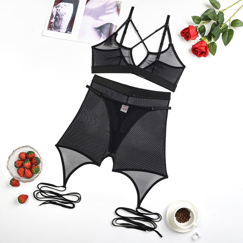 Women's Fashion Pure Color Mesh Cross Shapewear Three-piece Set