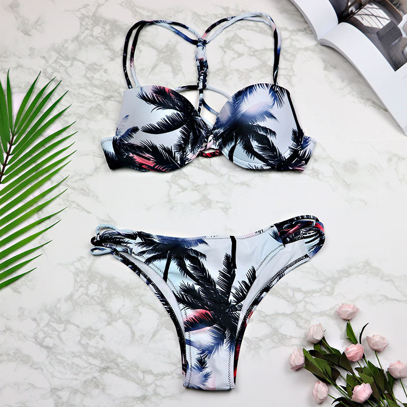 Women Sexy Swimwear Leaf Print Bikini Halter Swimsuit Bathing Suit Women Cute Bikini Set Monokini Underwire