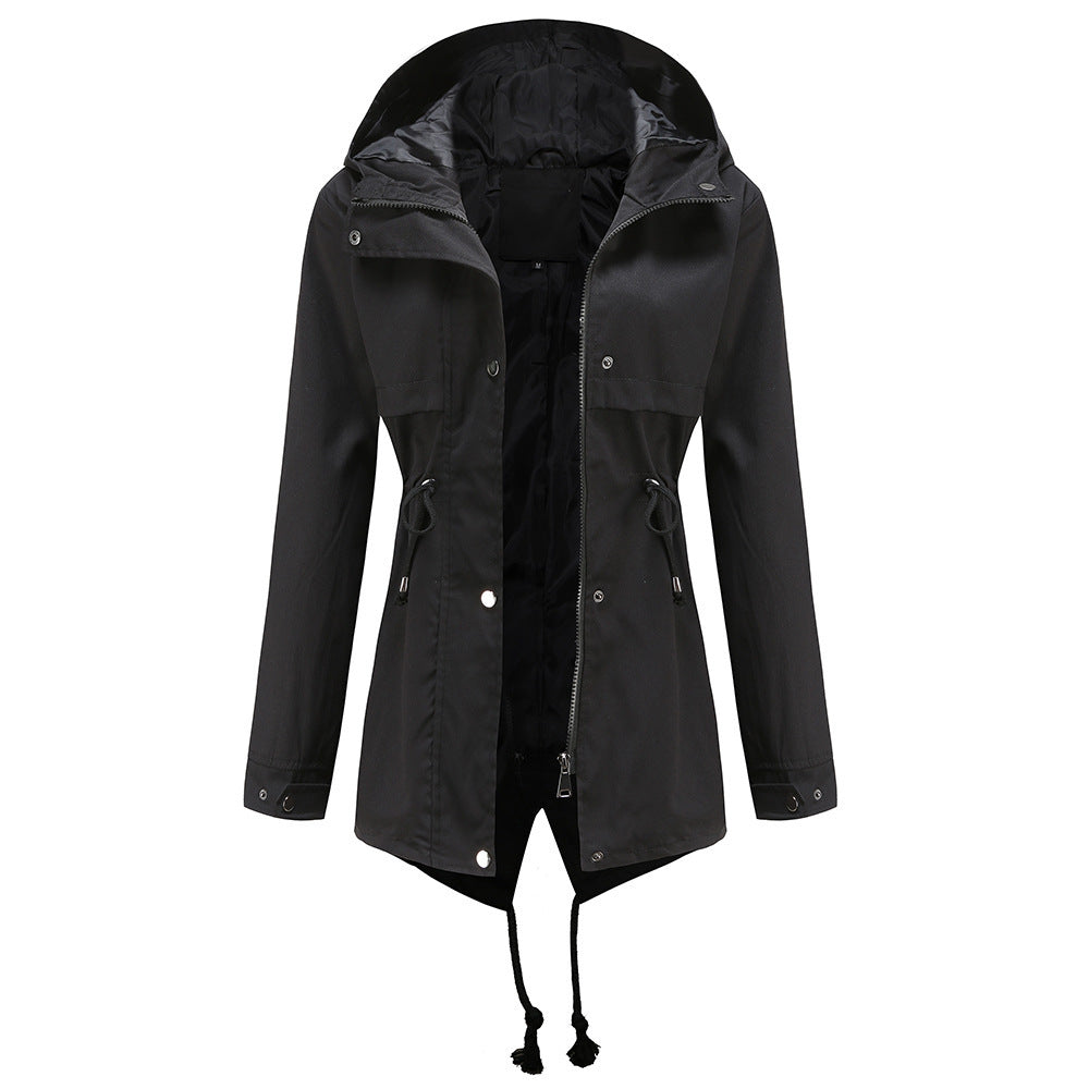 Windbreaker Mid-length Hooded Jacket With Waist Waist Outdoor Raincoat