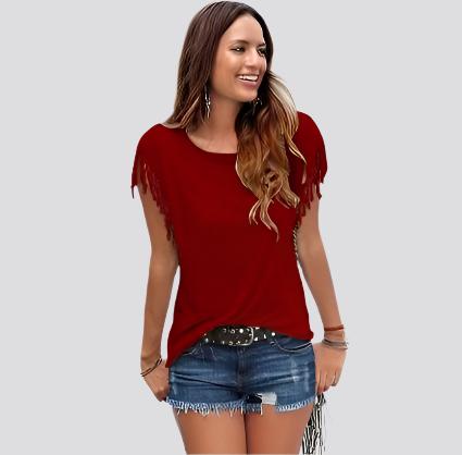 Wish quick sale eBay ladies Europe and America big size round neck short sleeve cuffs tassel T-shirt cotton tops