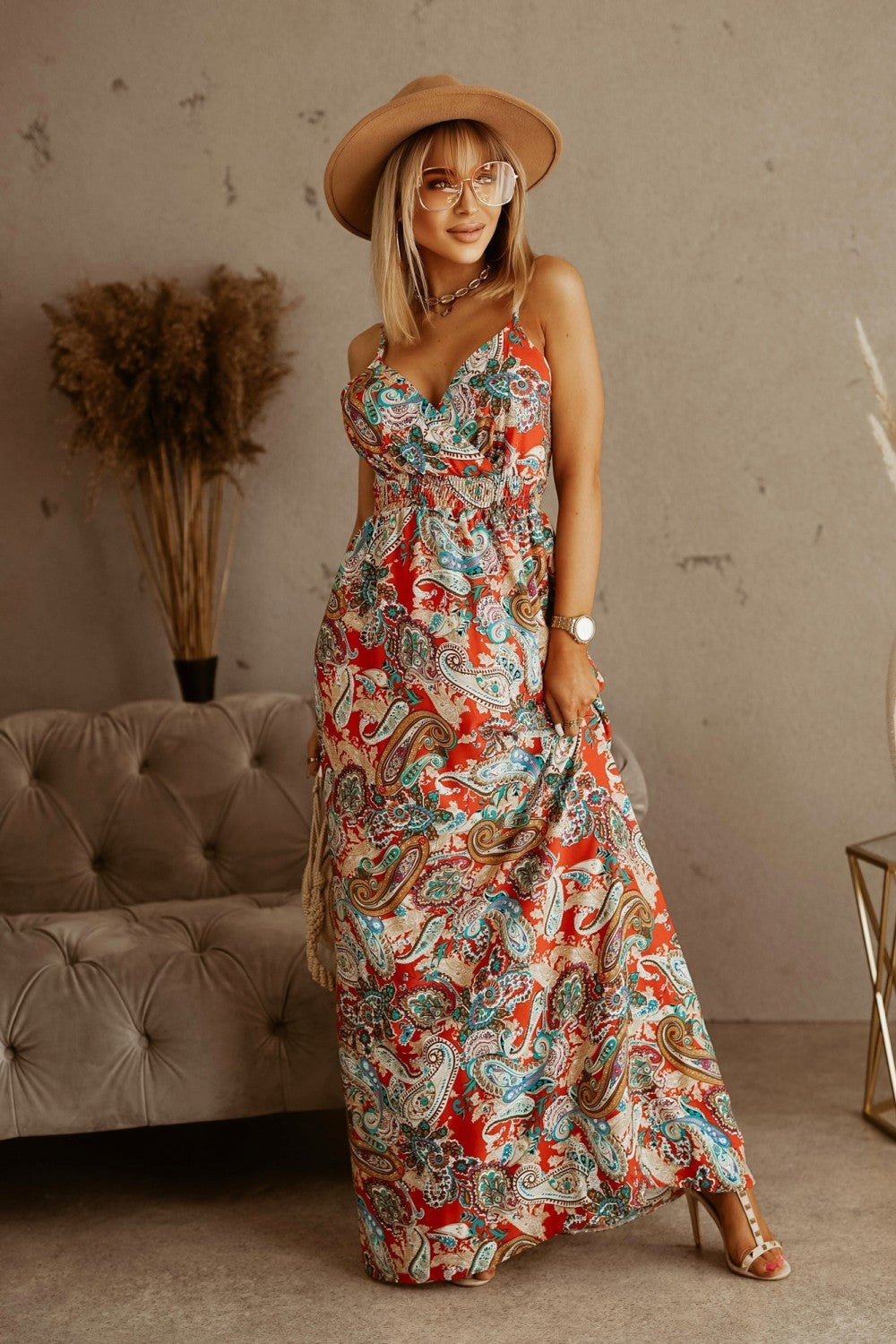 V-neck Sleeveless Suspender Print Boho Maxi Dress