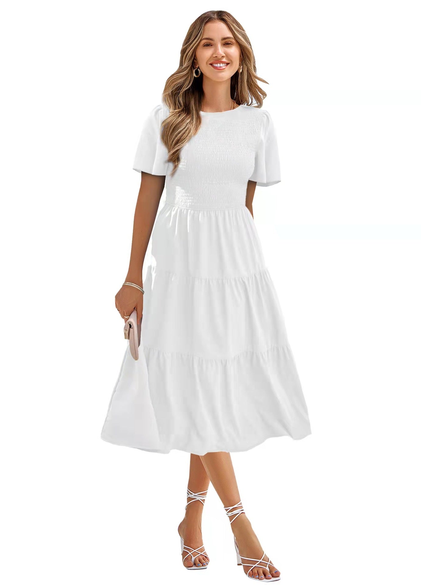 Women's Round Neck Smocked Short Sleeve Casual Dress Swing Flowy Ruffle Hem Mini Beach Summer Dresses