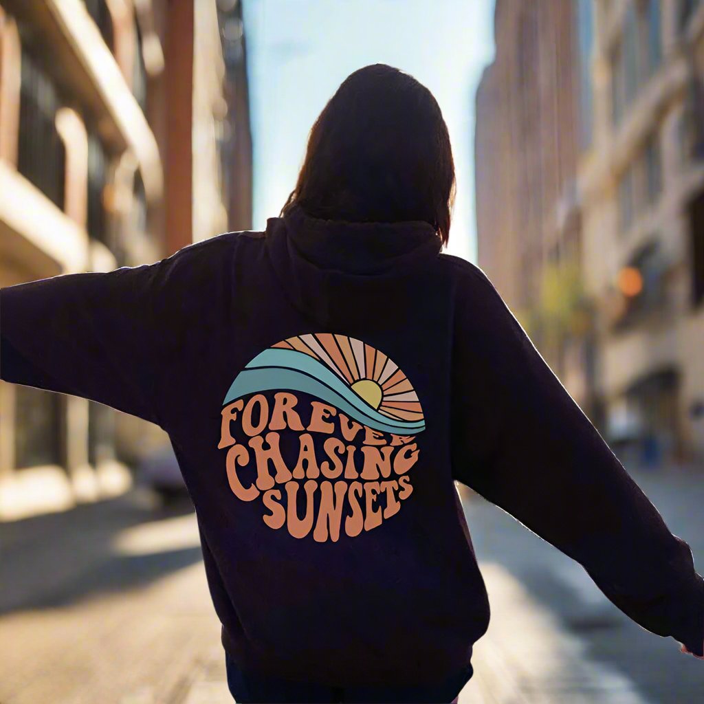 Fleece-lined Sunset Print Kangaroo Pocket Drawstring Hoodie