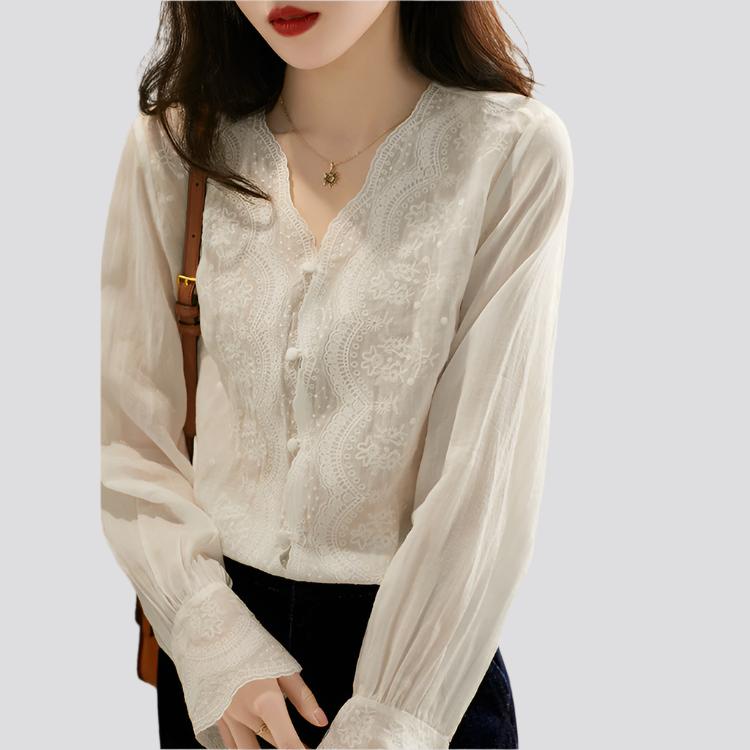 Fashion New V-neck Retro Cotton And Linen Inner And Outer Wear Shirt Women