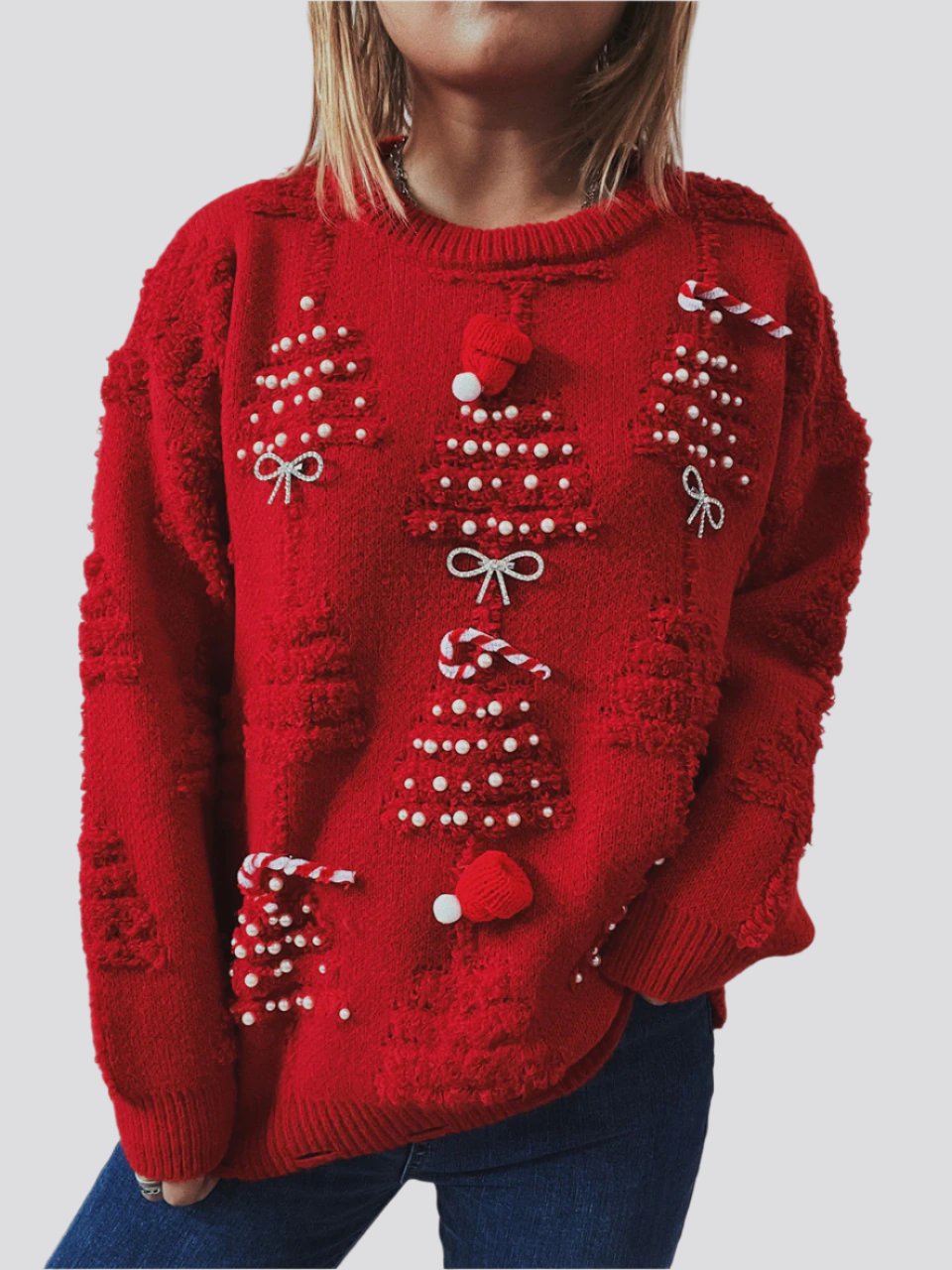 Women's Fashion Handmade Pearl Christmas Theme Sweater