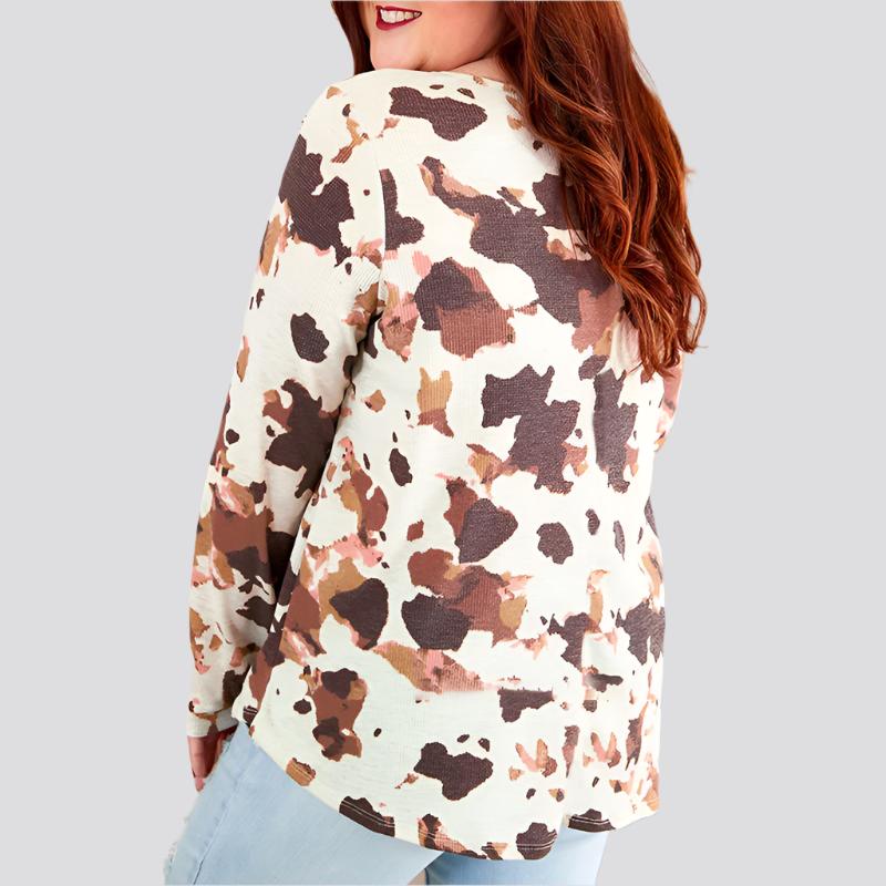 Cow Pattern Half Cardigan Long Sleeved Casual Loose Padded Blouse Women