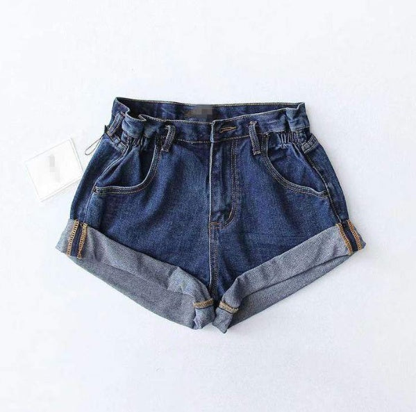 High waist denim shorts female elastic waist waist cuff wide leg pants shorts loose new retro Korean version