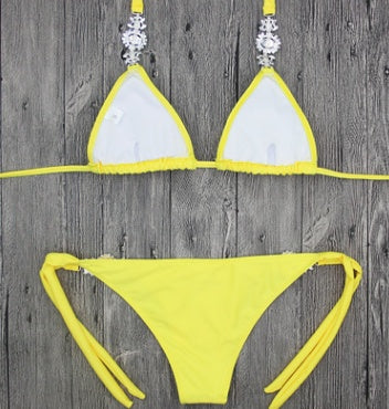 Sexy Solid Color Diamond Bikini Bandage Split Swimsuit