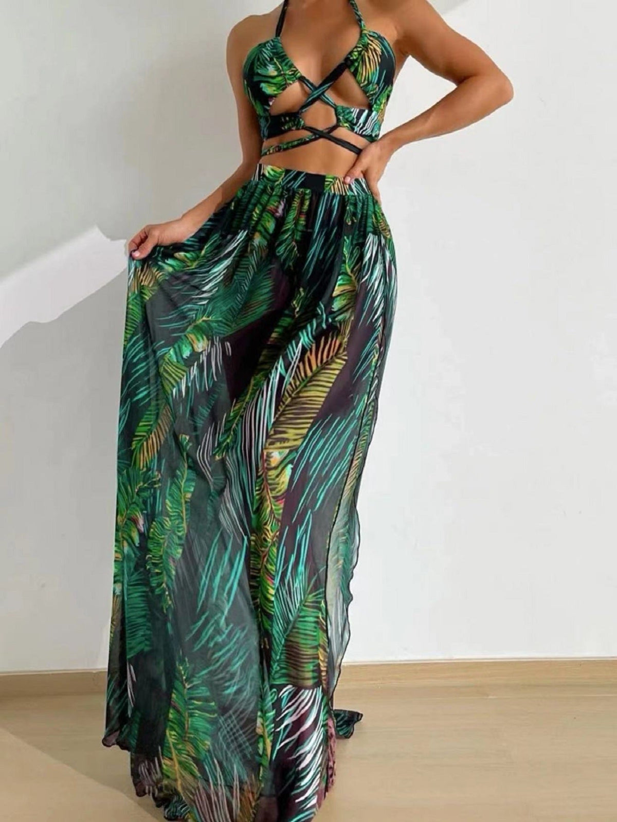 Blouse Gauze Skirt Three Piece Swimsuit Women's Printed