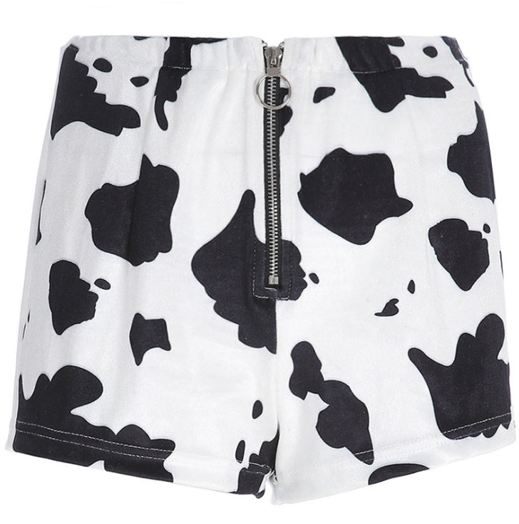 Fashion cow print slim zipper shorts women's casual pants