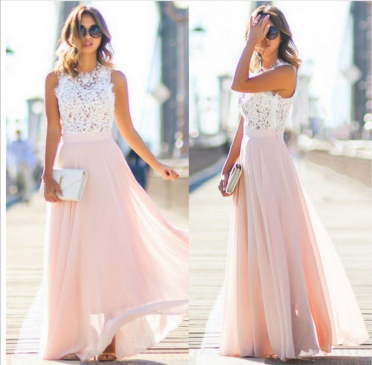 New Lace Chiffon Patchwork Maxi Dress