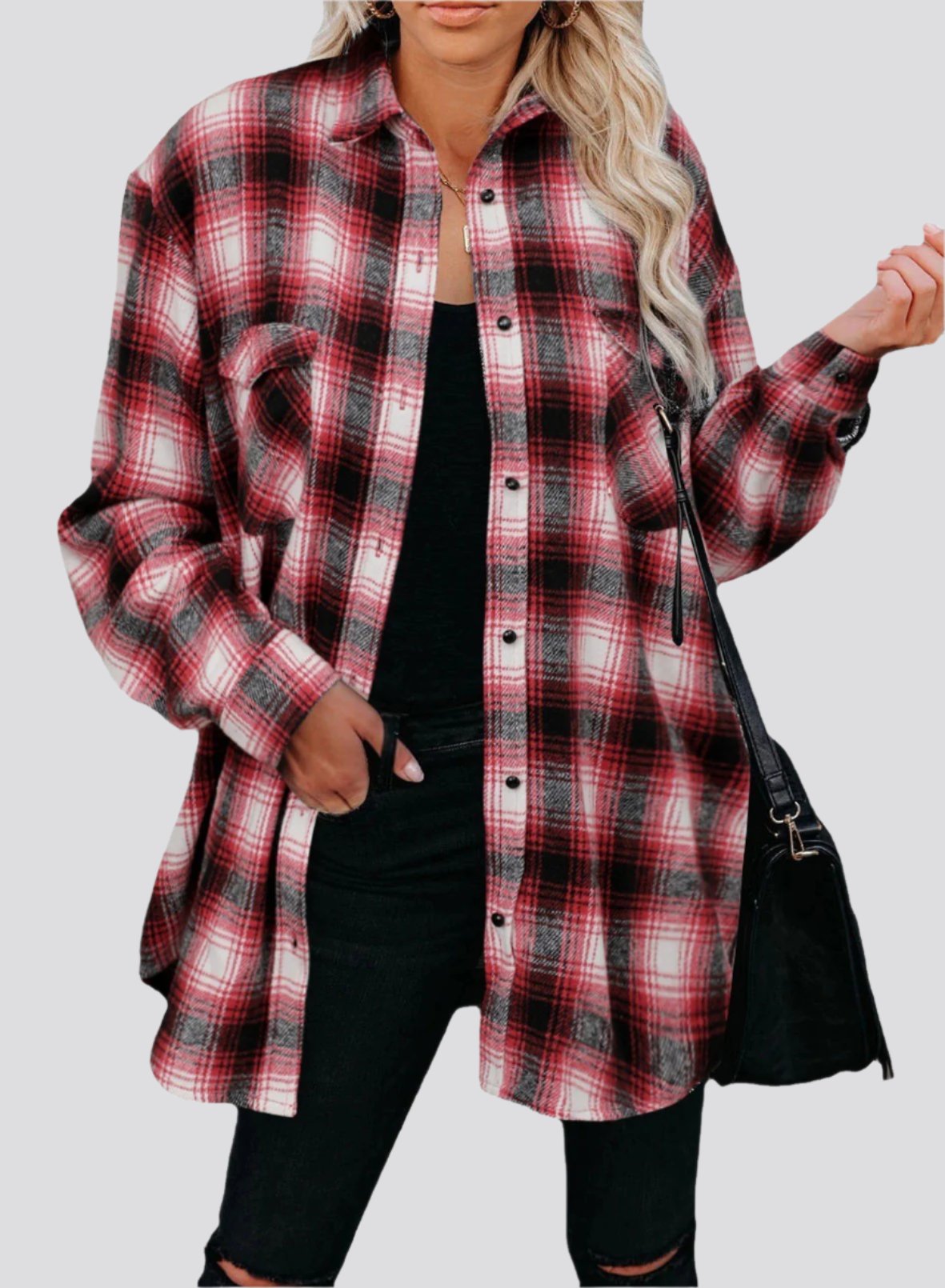 Plaid Shirt Women Spring Mid-length Loose Blouse Turndown Collar Shirt Clothing