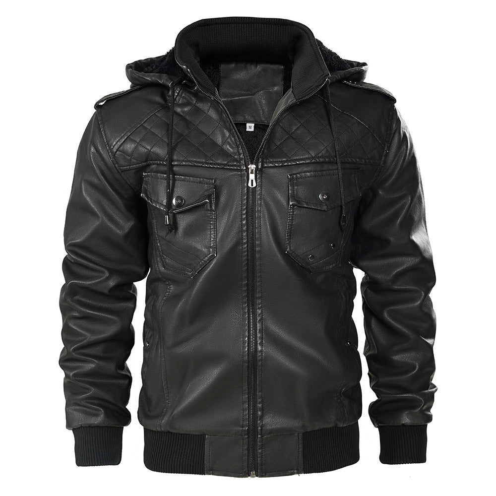 Hooded Leather Jacket Fleece-lined Men's Autumn And Winter New