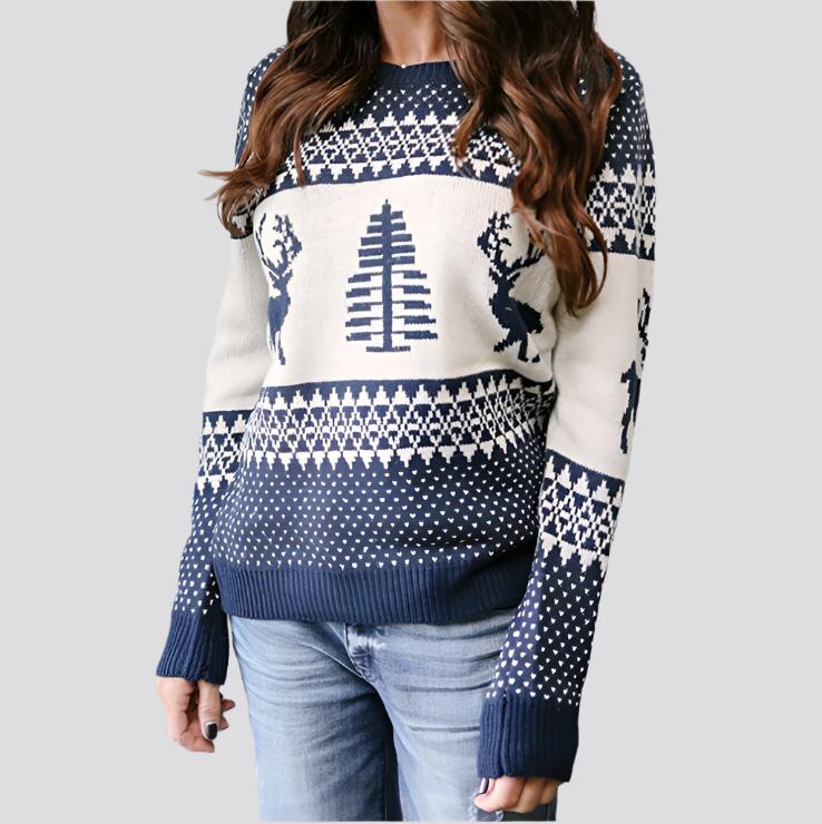 Christmas Sweater Cute Elk Geometric Print Knitted Sweater Woemen Winter Tops Clothes