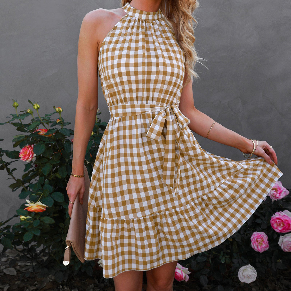 Wrap Bust Sleeveless Ruffled Plaid Midi Dress