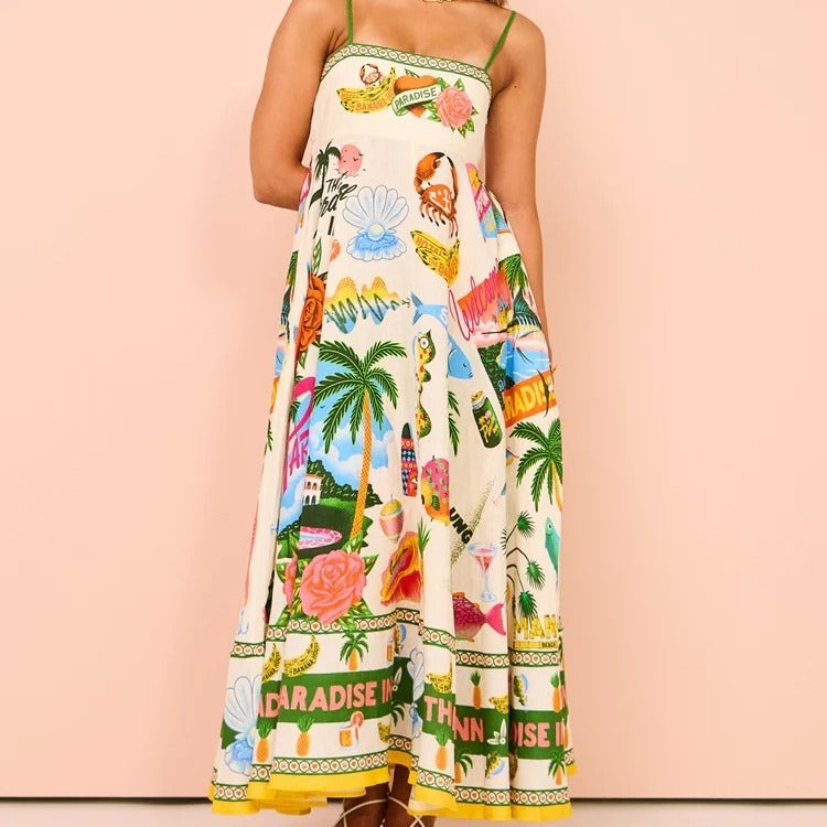 Sexy Sling Graffiti Cotton And Linen Printing Large Swing Dress