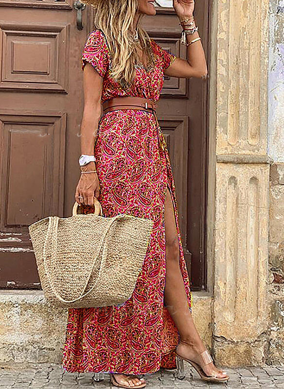 Bohemian Style Waist Trimming Printing Maxi Dress