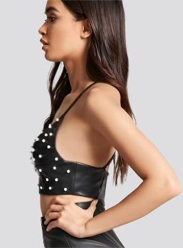 Simplee Pu leather pearl crop top women Strap backless camisoles tanks Summer style streetwear cropped sexy top female