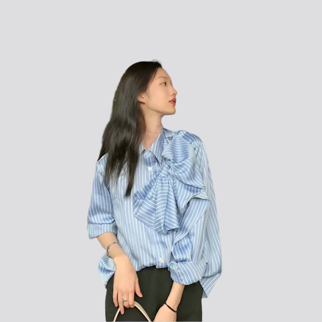 Casual Blue Striped Shirts For Women Lapel Long Sleeve Korean Bowknot Patchwork Blouses