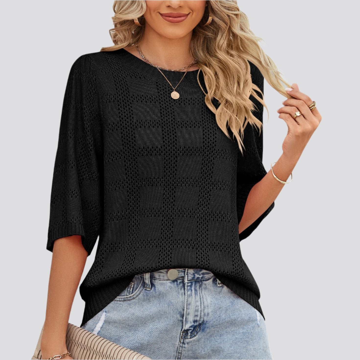 Women's Round Neck Hollowed Out Sun Protection Shirt Knitted Sweater Cover Up