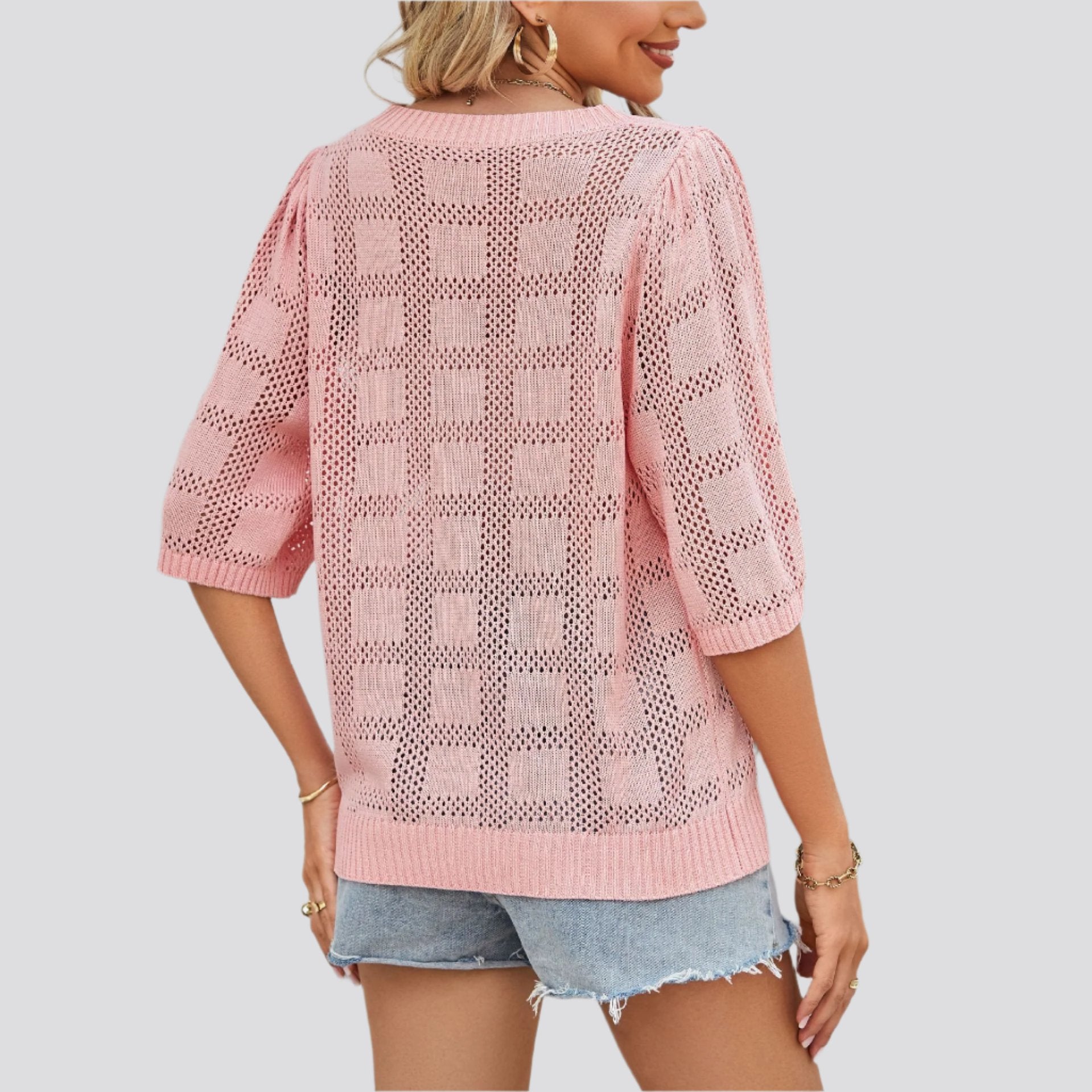 Women's Round Neck Hollowed Out Sun Protection Shirt Knitted Sweater Cover Up